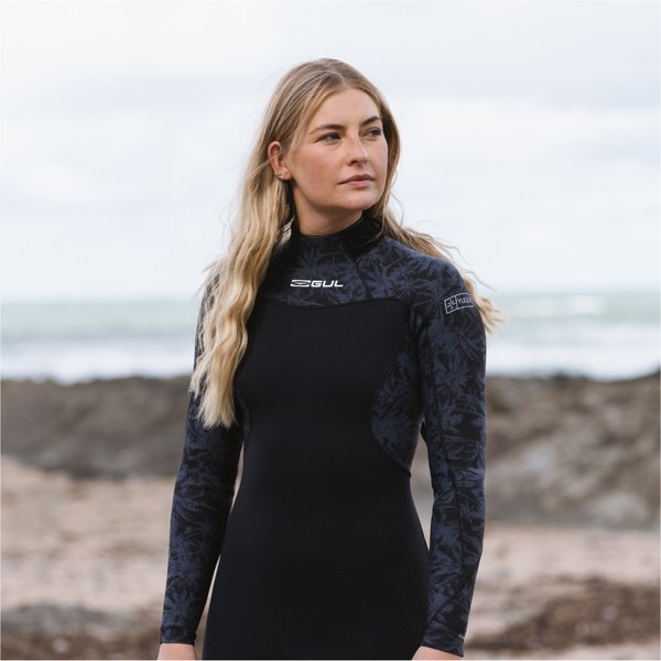 2026 Gul Womens Yulex Flexor 4/3mm Back Zip Wetsuit FX1223 - Black / Splaterpalm